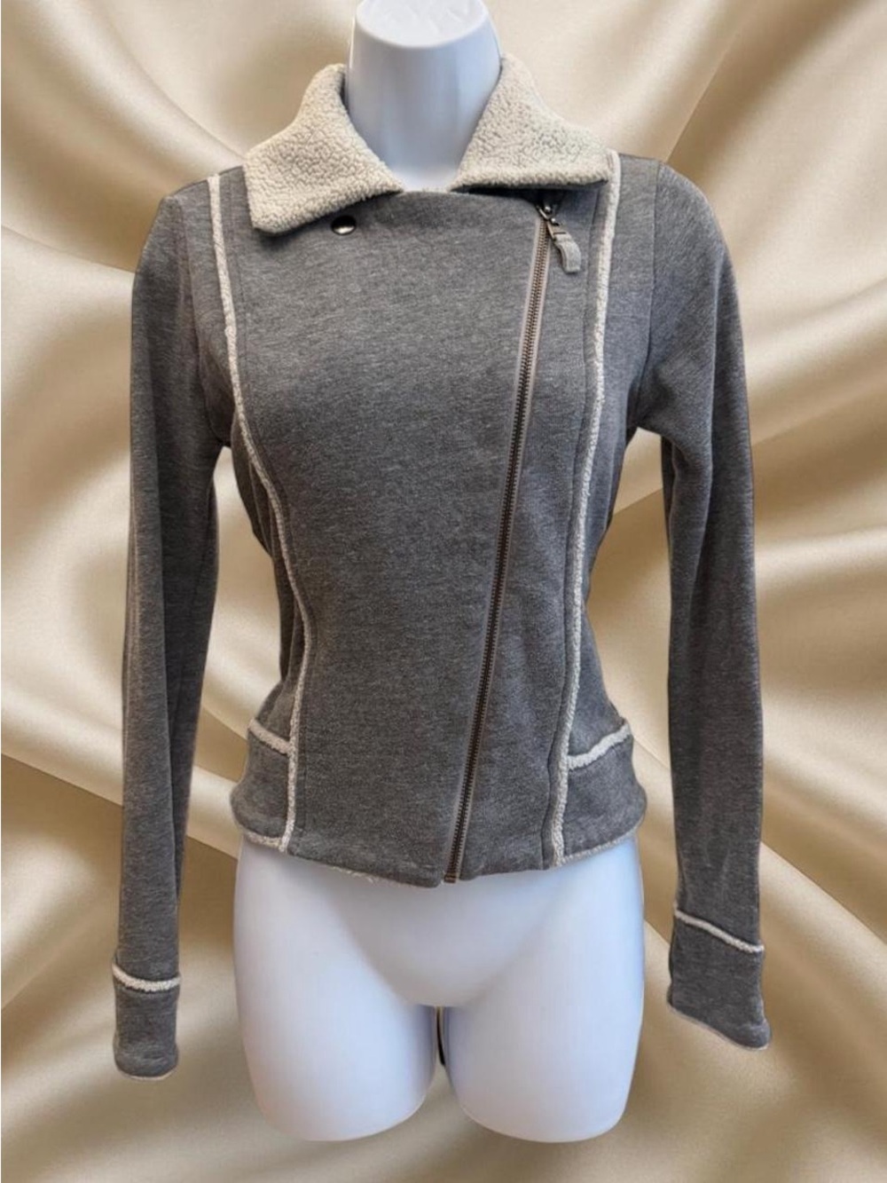 Y2K Grey Sherpa-Trim Moto Zip Jacket